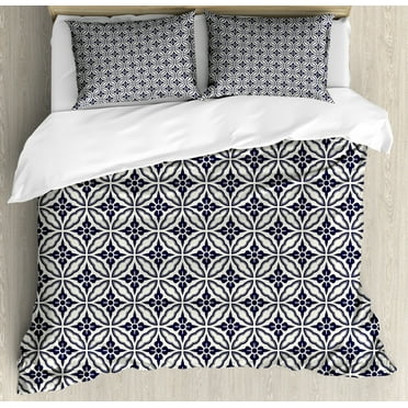 Geometric Duvet Cover Set King Size, Symmetrical Circular Pattern Floral Elements Japanese Mandala Flower Foliage, Decorative 3 Piece Bedding Set with 2 Pillow Shams, Dark Blue Cream, by Ambesonne