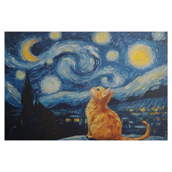 AIOE Retro Van Gogh Starry Night With Funny Cat Canvas Prints Wall Art Night Starry Pictures Paintings Poster Canvas Wall Decor for Living Room Bedroom Wall Decor Unframe: 24x16in