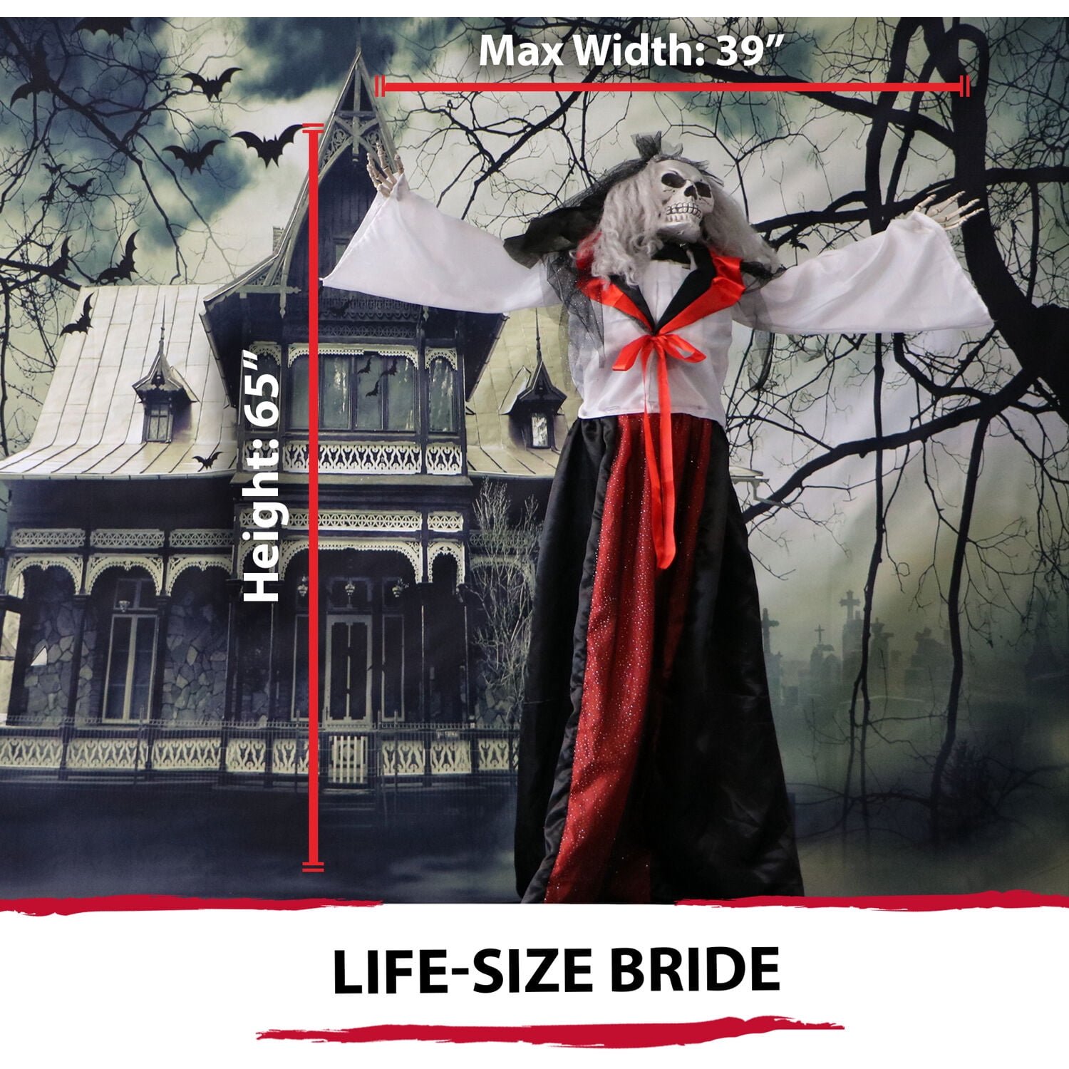 Haunted Hill Farm 65" H 3.5lbs Life-Size Animatronic Skeleton Bride, Halloween Decor, HHBRIDE-1FLSA