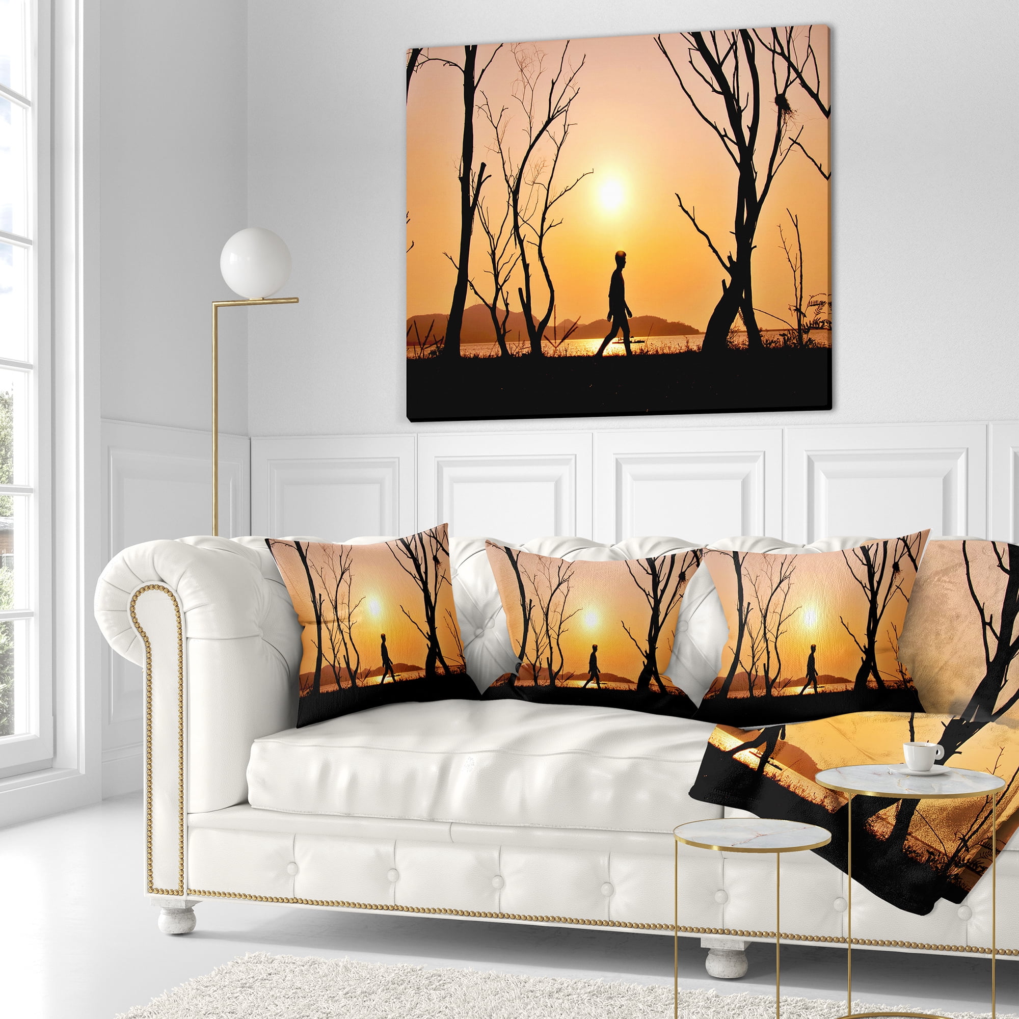 Designart Man Walking Alone in Evening - Landscape Photography Throw Pillow - 18x18