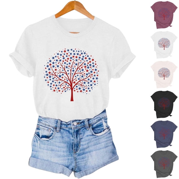 Goodtrade8 Womens USA Years Anniversary Tops Casual Independence Day Pullover Graphic 4th of July Short Sleeve Crew Neck Summer American Flag Shirts for Women Red White and Blue