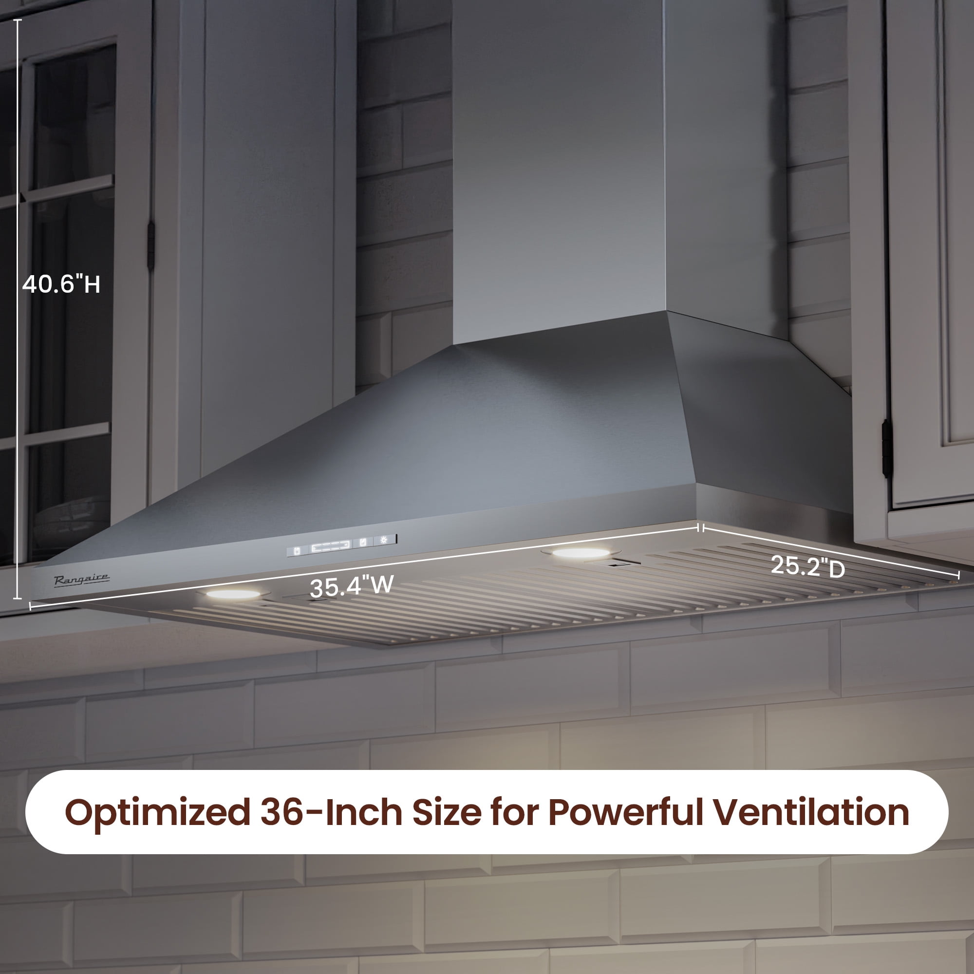 Rangaire RHWMP36S 36" Wall Mounted Hood - Stainless Steel, 3 Speed Fan, LED Lights, Push Button Control
