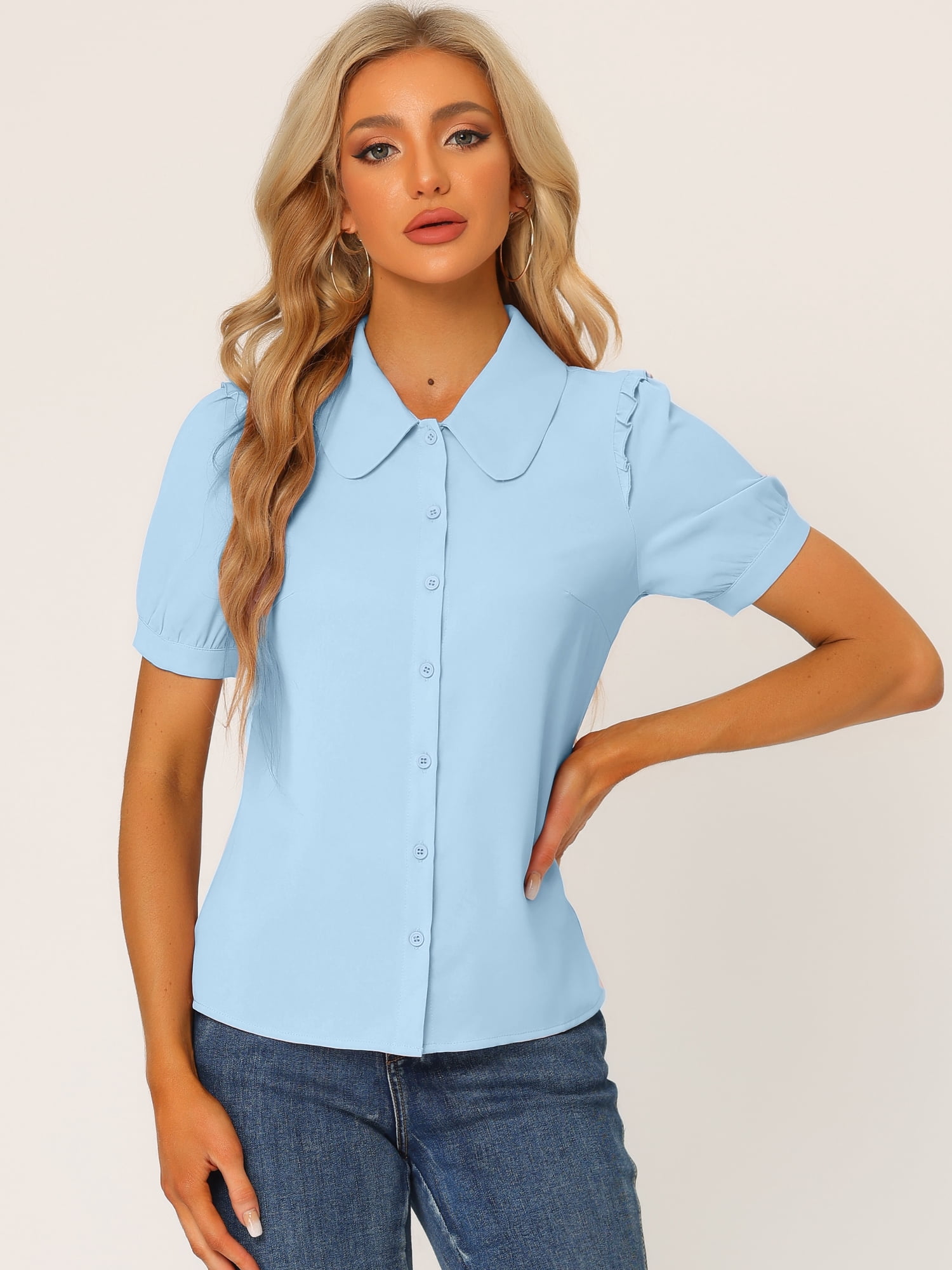 DARING DIVA Women's Peter Pan Collar Short Sleeve Button Front Shirts XS Light Blue