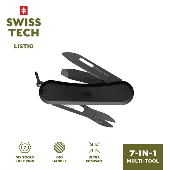 Swiss Tech Listig 7-in-1 Folding Multi-Tool, Compact Single Edge Pocket Knife with Scissors, Black G10 Handle