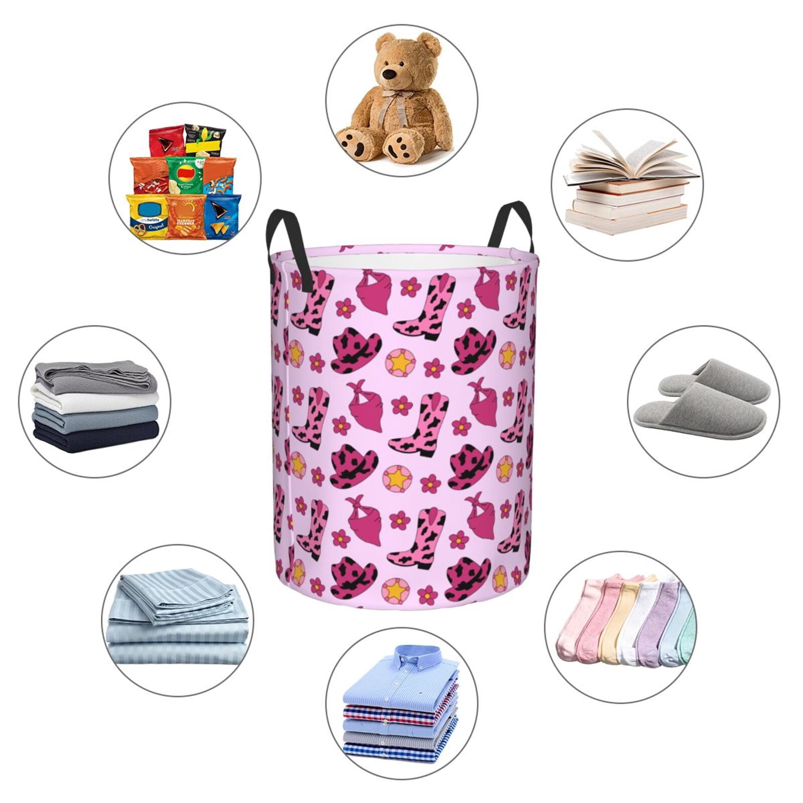 Large Laundry Basket with Handles - retro Cowgirl pink Boots hat scarf Kids Baby Dirty Clothes Laundry Hamper for Bedroom Aesthetic