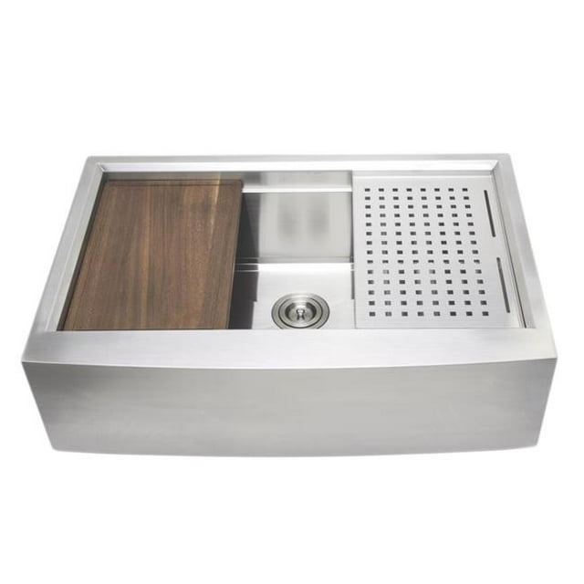 33 Po. Tablier Arqué devant Ferme Bol Simple en Acier Inoxydable Évier de Cuisine avec Passoire Compagnon, Grille de Protection Inférieure & Planche à Découper en Bois de Caoutchouc