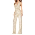 thumbnail image 2 of Women's Sequin Jumpsuit, Cowl Neck Halter Backless Romper, Sleeveless Wide Leg Jumpsuit for Women, Glittery Party Wear, Club Outfit, Prom Dress, Date Night and Special Occasions-Beige, 2 of 6