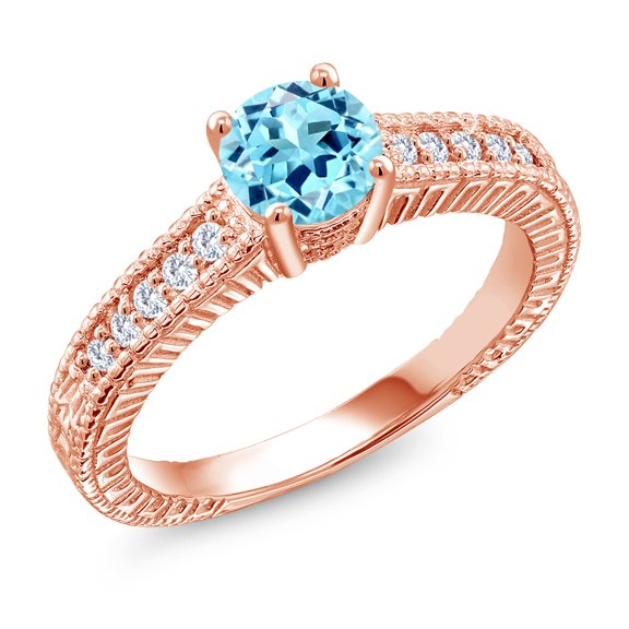 Gem Stone King 18K Rose Gold Plated Silver Ring Round Blue Apatite and Moissanite (0.97 Cttw, Size 5)