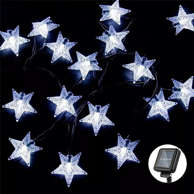 Guirnalda de luces solares para exterior, 5 m, 20 LED, diseño de estrella, 8 modos, impermeable, decoración para jardín, patio, fiesta, boda (blanco frío)