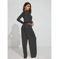 thumbnail image 6 of Women Y2K 2 Piece Lounge Set Long Sleeve Fitted Tee Shirt Top Wide Leg Long Pants Cute Pajama Outfit Dark Gray S, 6 of 7
