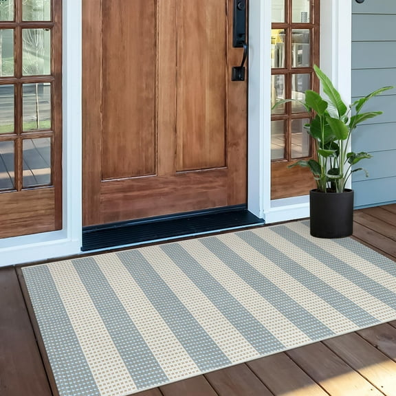 Handwoven Cotton Entryway Rug 24x51, Checkered Blue White Striped Outdoor Mat for Front Door Porch Patio Indoor Outdoor Use, Muted Blue Tan Beige