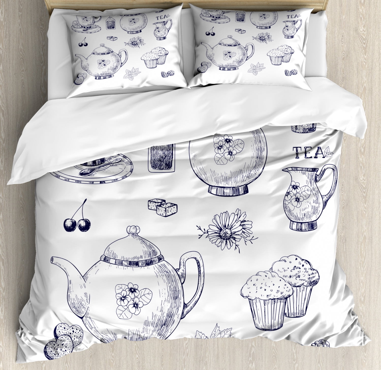 Blue And White Duvet Cover Set Hand Drawn Teapots And Cups