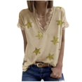 thumbnail image 1 of Gibobby Camiseta de manga corta con cuello en V Camiseta suelta informal con cuello en V para mujer, blusa manga corta con estampado(Caqui,M), 1 of 5