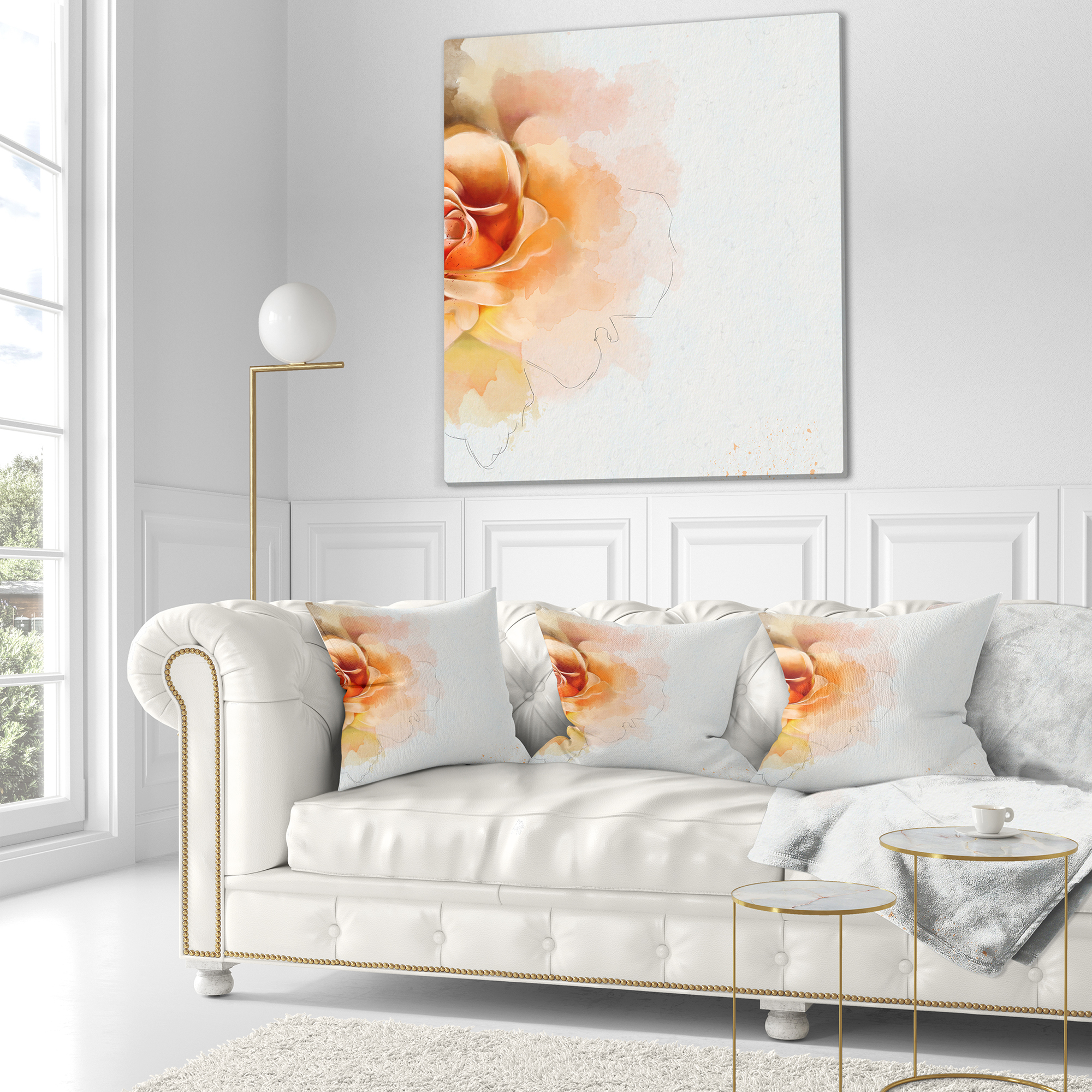 Designart Orange Rose Flower Watercolor - Flower Throw Pillow - 18x18