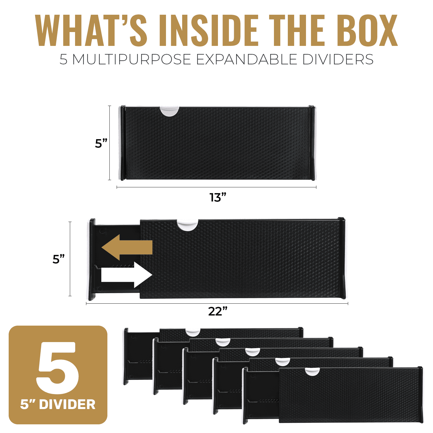 Rapturous Adjustable Drawer Divider, 5” Tall, Extends 13” - 22”, 5 Pack, Black