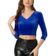 thumbnail image 1 of INSPIRAR CHIC Blusa de terciopelo recortada de manga 3/4 con escote en V para mujeres L Azul Real, 1 of 6