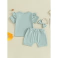 thumbnail image 4 of Biezeib Toddler Girls Summer Shorts Sets Short Sleeve Ruffle Tops Solid Color Shorts Headband Sets, 4 of 9