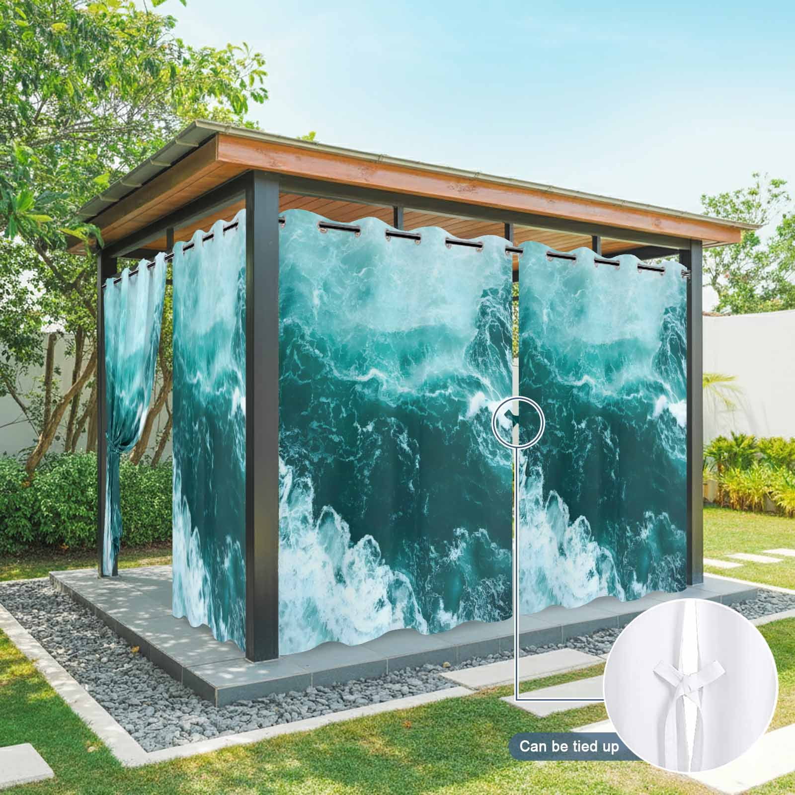 Ocean Waves Outdoor Curtains for Patio, Modern Nautical Dark Green Ocean Waves Sunshade Privacy Drapes Grommet Waterproof Outside Curtains for Porch/Cabana/Balcony 54"x 108", 1 Panel