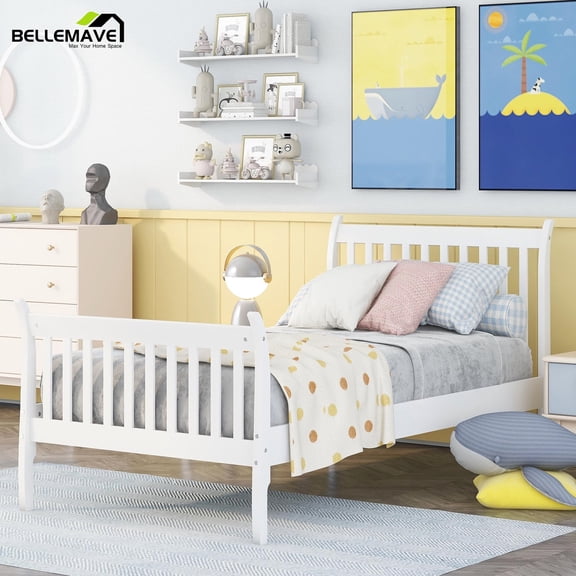 Bellemave Wood Twin Bed Frame with Headboard and Footboard, Kids Twin Bed Frames No Box Spring Needed for Boys and Girls, White