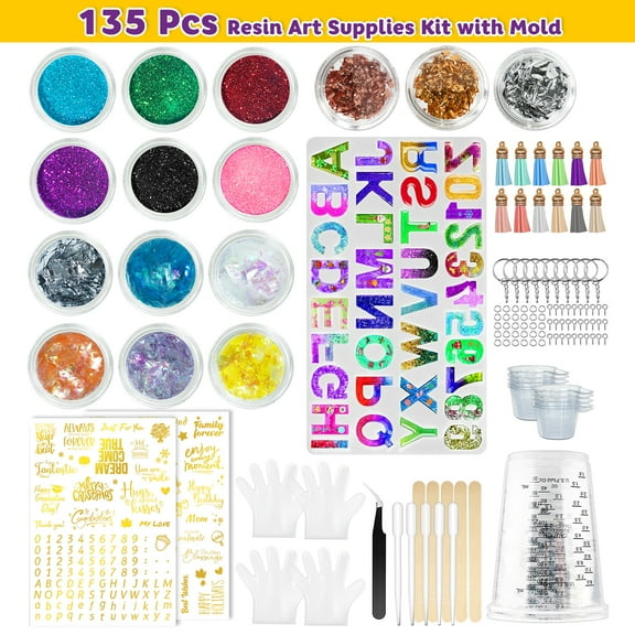 JANCHUN 233-Piece Epoxy Resin Supplies Set with Silicone Letter & Number Molds, Colors, Glitters, Flowers, Decorations, Measuring Cups, and Mixing Sticks – Perfect for DIY Bag Chains, Pendants.