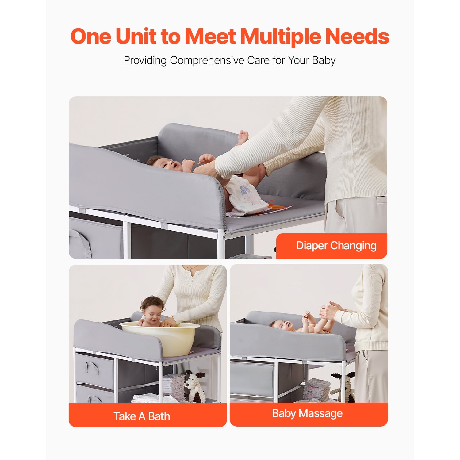 KFFKFF Portable Diaper Changing Table with Adjustable Height, Storage Organizer, Lockable Wheels, and 3 Fabric Drawers, Gray