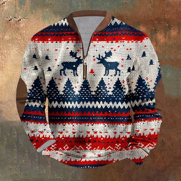 Ceisia Warm Stretchy Mens Loose Fit Christmas Fair Isle Print Half-Zip Stand Collar Sweatshirt Gifts