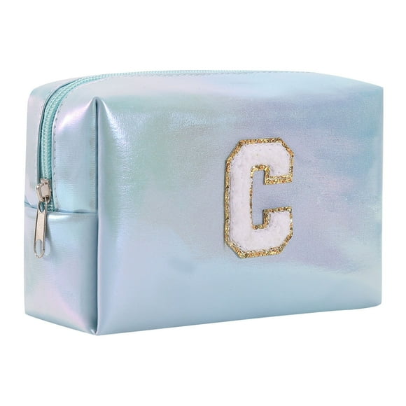 Bolsa de maquillaje con letras bordadas de gran capacidad, neceser, bolsa de viaje, bolso de mano, bolso de cosméticos, azul