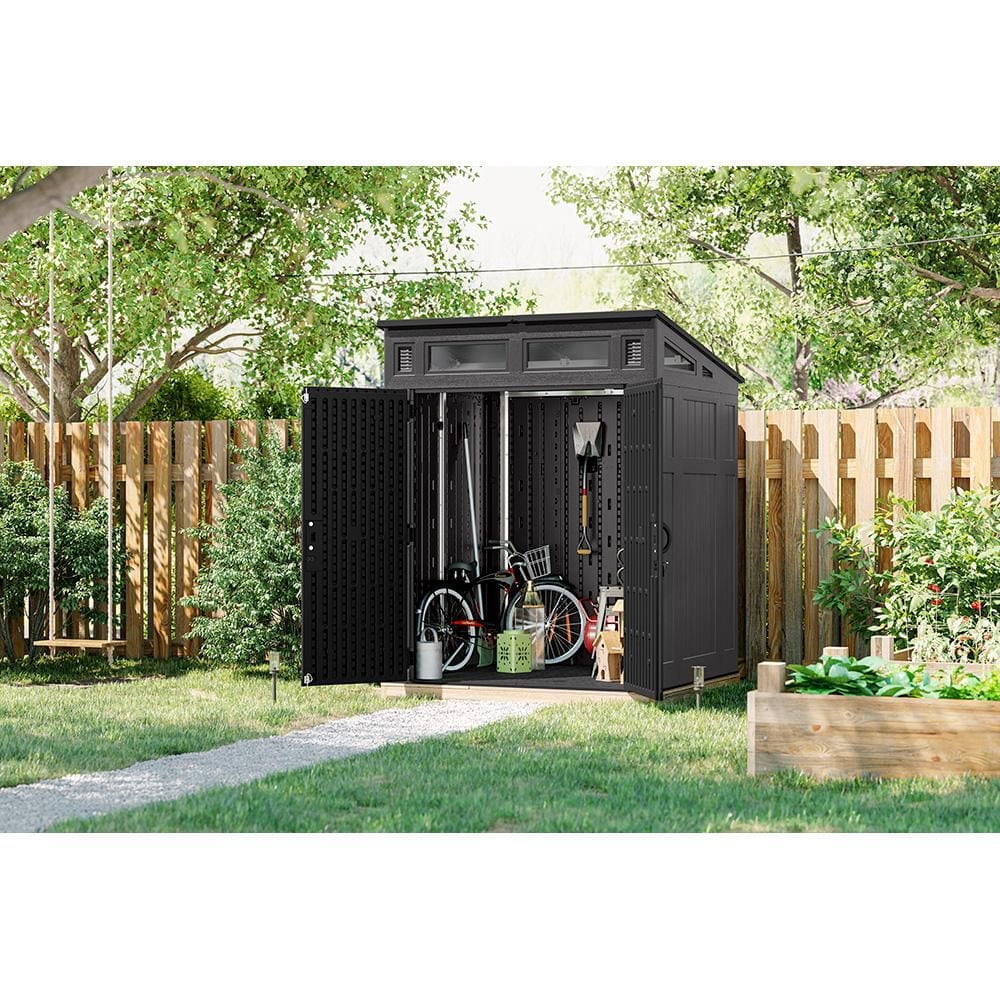 Suncast Abri de rangement extérieur Modernist, 6' x 5', structure en acier et panneaux en résine, couleur Poivre/Noir