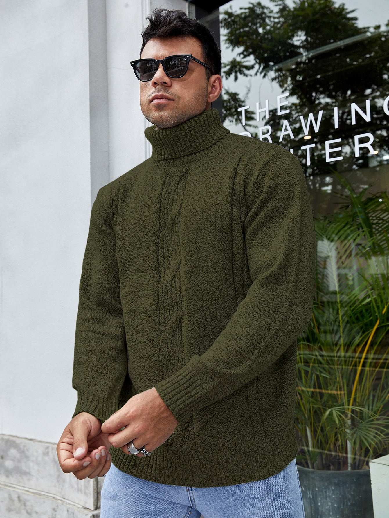 Army Green Casual Men Turtleneck Cable 