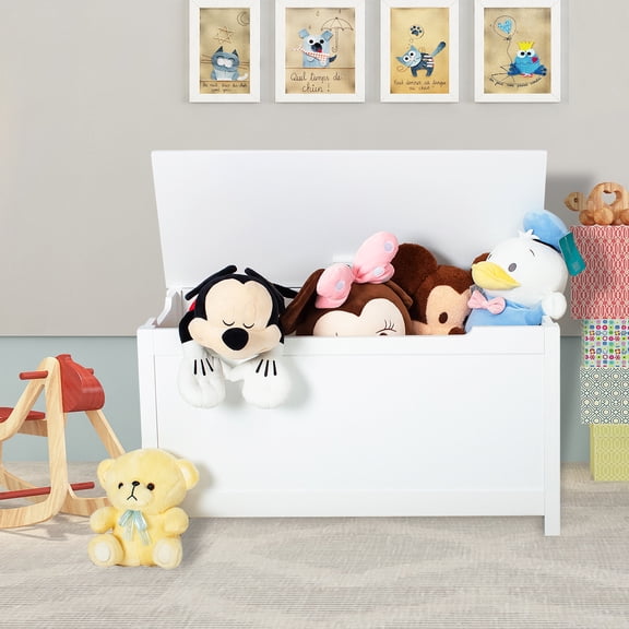 Wooden Toy Box/Bench With Safety Hinged Lid For Ages 3 White