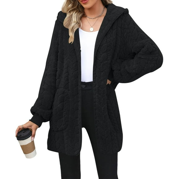 ZHYou Womens Hooded Fleece Cardigan Coats,Soft Plush Sherpa Jacket Outerwear with Pockets,Warm Winter Sweater Overcoats,Black,Size:L