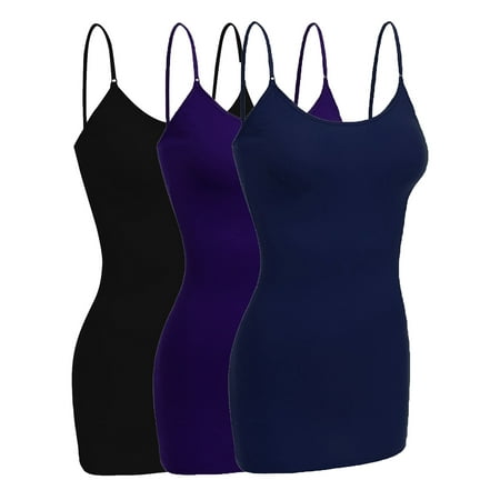 

Essential Basic Women Basic Built In Bra Spaghetti Strap Cami Top Tank - 3 Pk Black Navy Purple M