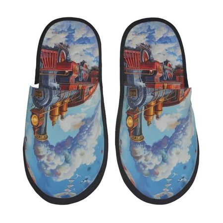 

Fuzoiu Cartoon Train Hot Air Balloon Print Unisex Furry Slippers Plush Indoor Shoes Trendy House Slippers Anti-Skid EVA Sole House Shoes for Home Office and Travel -Medium