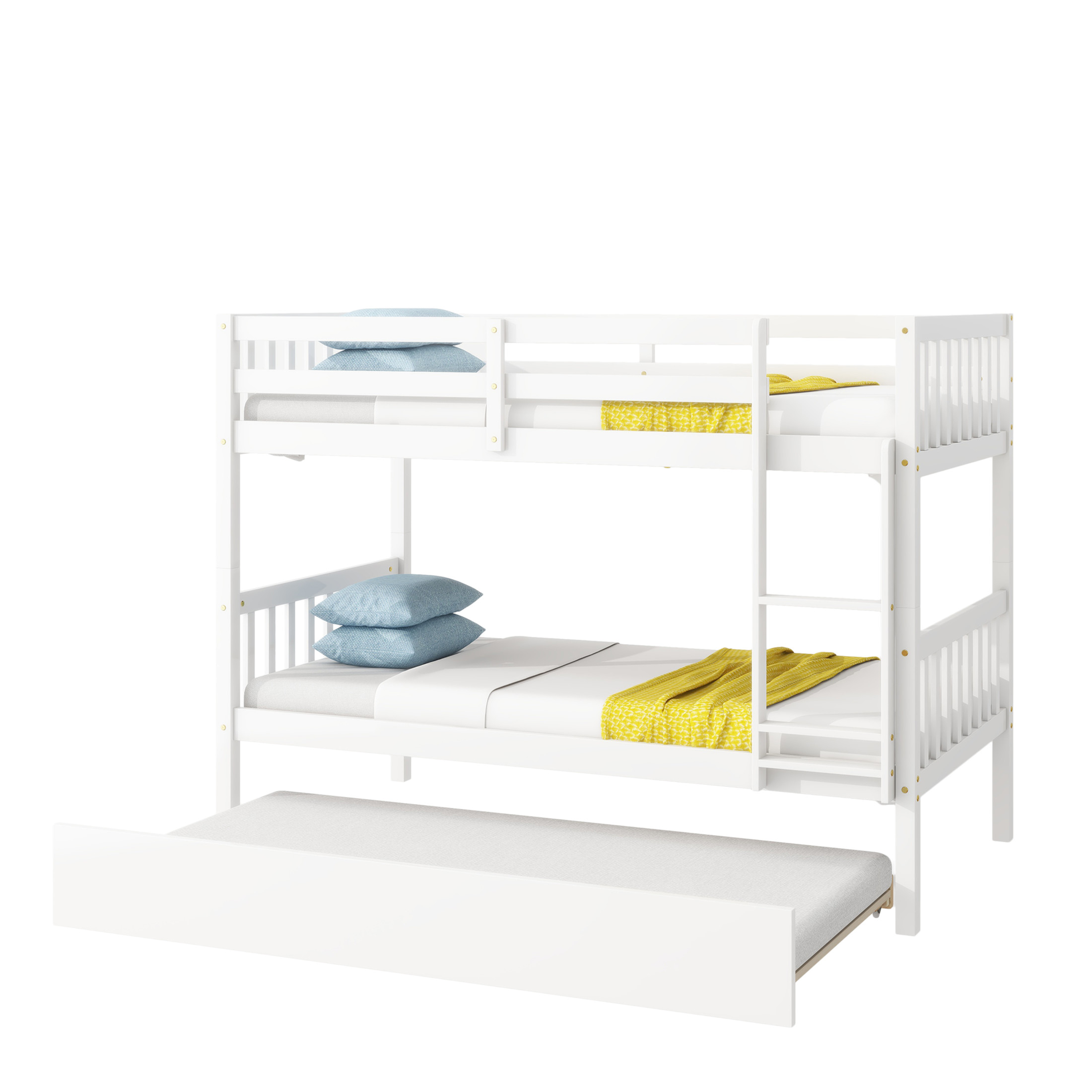 Noble House Twin Over Twin Bunk Bed with Trundle, Rubber Wood Frame with Ladder and Guardrails, Convertible, White