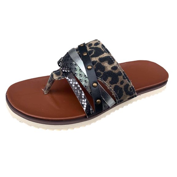 JeashCHAT Womens Flip Flops Ladies Casual Comfortable Thong Flat Sandals with Arch Support Slip On Beach Sandal Summer Leopard Print Slippers Indoor Outdoor