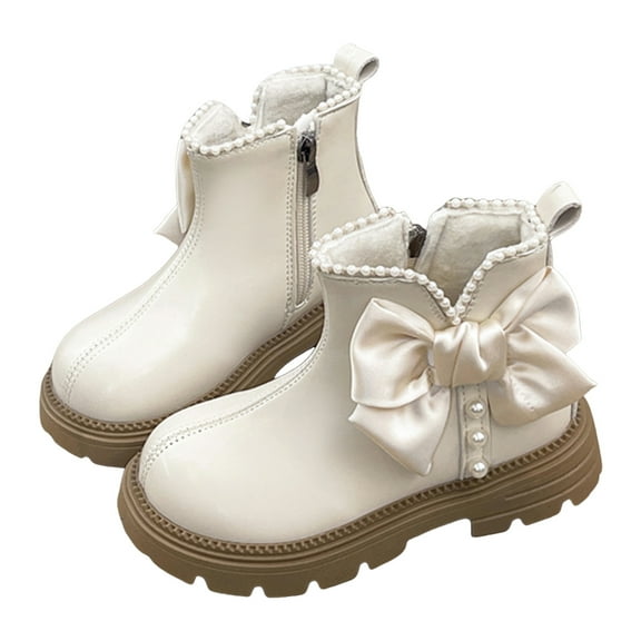 Girls Winter Ankle boots Cute Bow Pearl Fringe Stitching Leather Short Zipper Chelsea Booties Casual Princess Dress Shoes Beige 9 Toddler