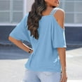 thumbnail image 6 of Guluxicc Women's Off Shoulder Shirts Casual Solid Color Short Sleeve Pullover Tops, Blue, XL, 6 of 7