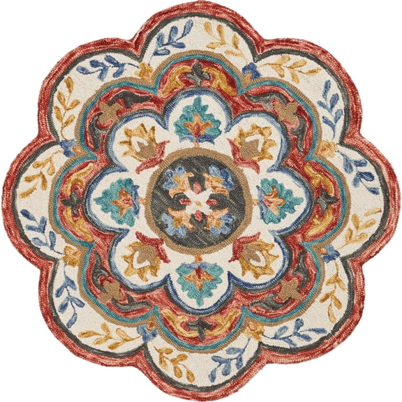 Laddha Home Designs 4' Red and Brown Blossom Round Area Throw Rug