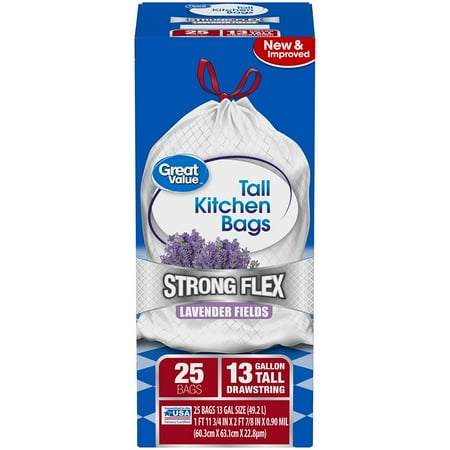 Great Gifts Under 25 (Pack of 2) Great Value Strong Flex Tall Kitchen Drawstring Trash Bags, Lavender Fields, 13 Gallon, 25 Count ()