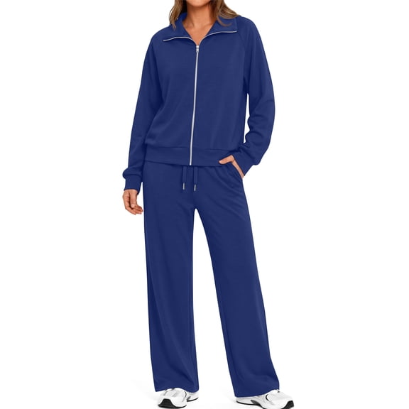 Fantaslook Two Piece Sets for Women Fall Outfits Lapel Long Sleeve Zipper Sweatshirts and Wide Leg Pants Lounge Tracksuits Sets