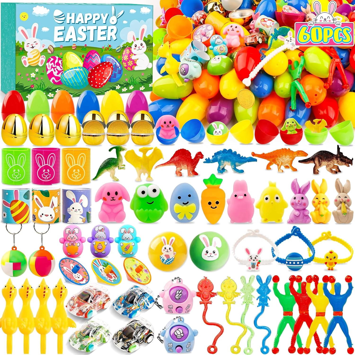 [ 6 Surprise Golden Eggs ] 60Pcs Prefilled Easter Egg with Assorted Toys, Plastic Easter Eggs Fillers for Kids, Basket Stuffers,Egg Hunt Party Favors Classroom Prizes Supplies for Boys Girls