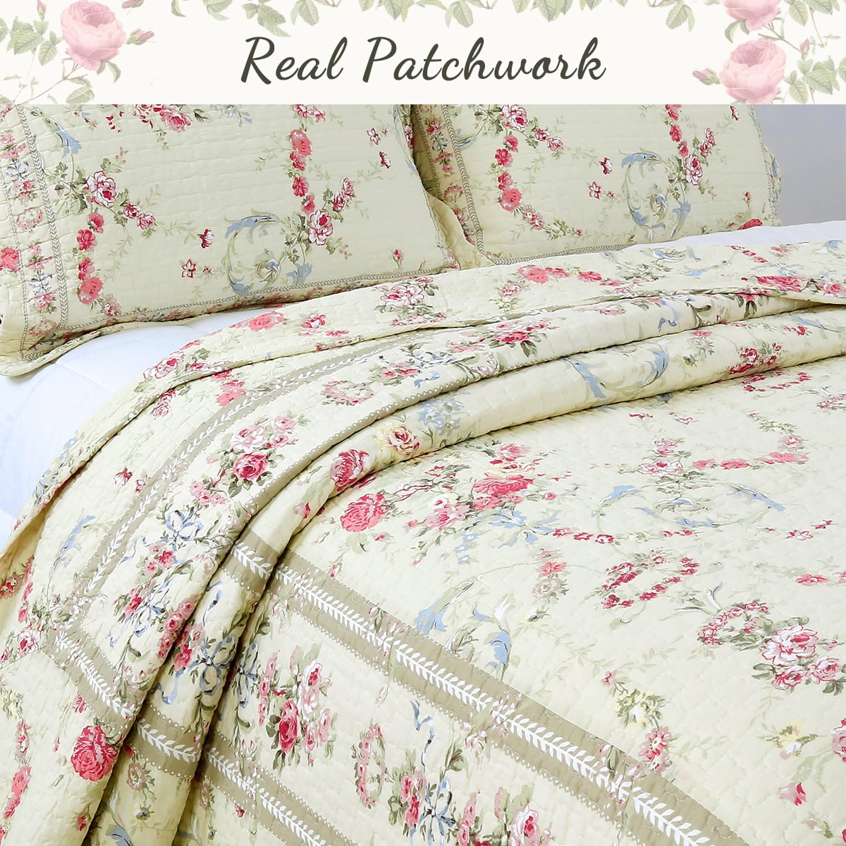 Cozy Line Prairie Bloom Reversible 100% Cotton Quilt Bedding Set, 3 piece King Set