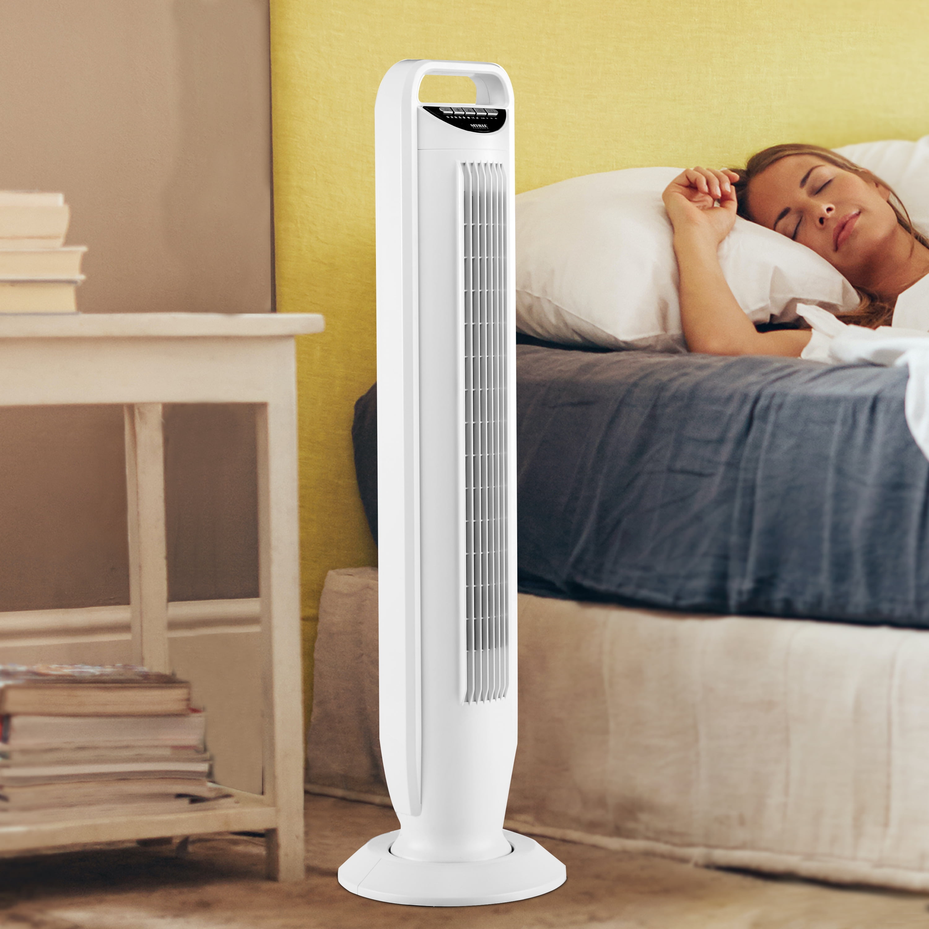 Seville Classics UltraSlimLine New Five-Speed Lightweight Oscillating Tower Fan with Remote, White