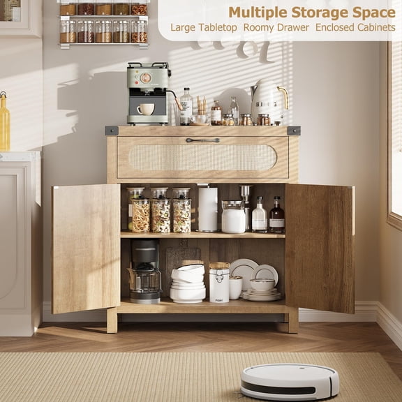 TROPOW Rattan Sideboard Buffet Cabinets with Storage, Farmhouse Kitchen Accent Storage Cabinet with Drawer, Boho Wooden Coffee Bar Cabinet for Dining Room, Living Room, Hallway