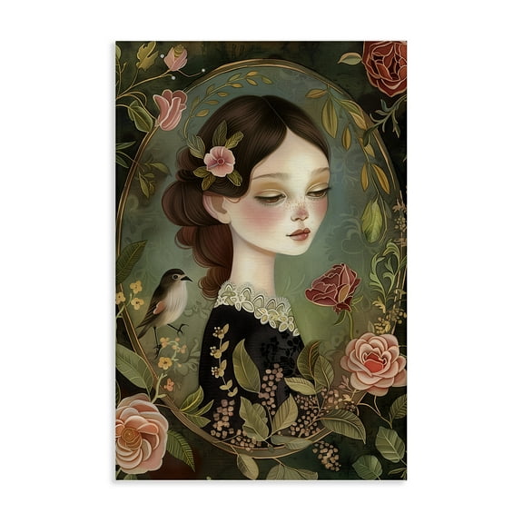 Stupell Industries Vintage Lady & Floral Border Portrait Painting Wrapped Canvas Canvas Art Print Wall Art, 16 x 24