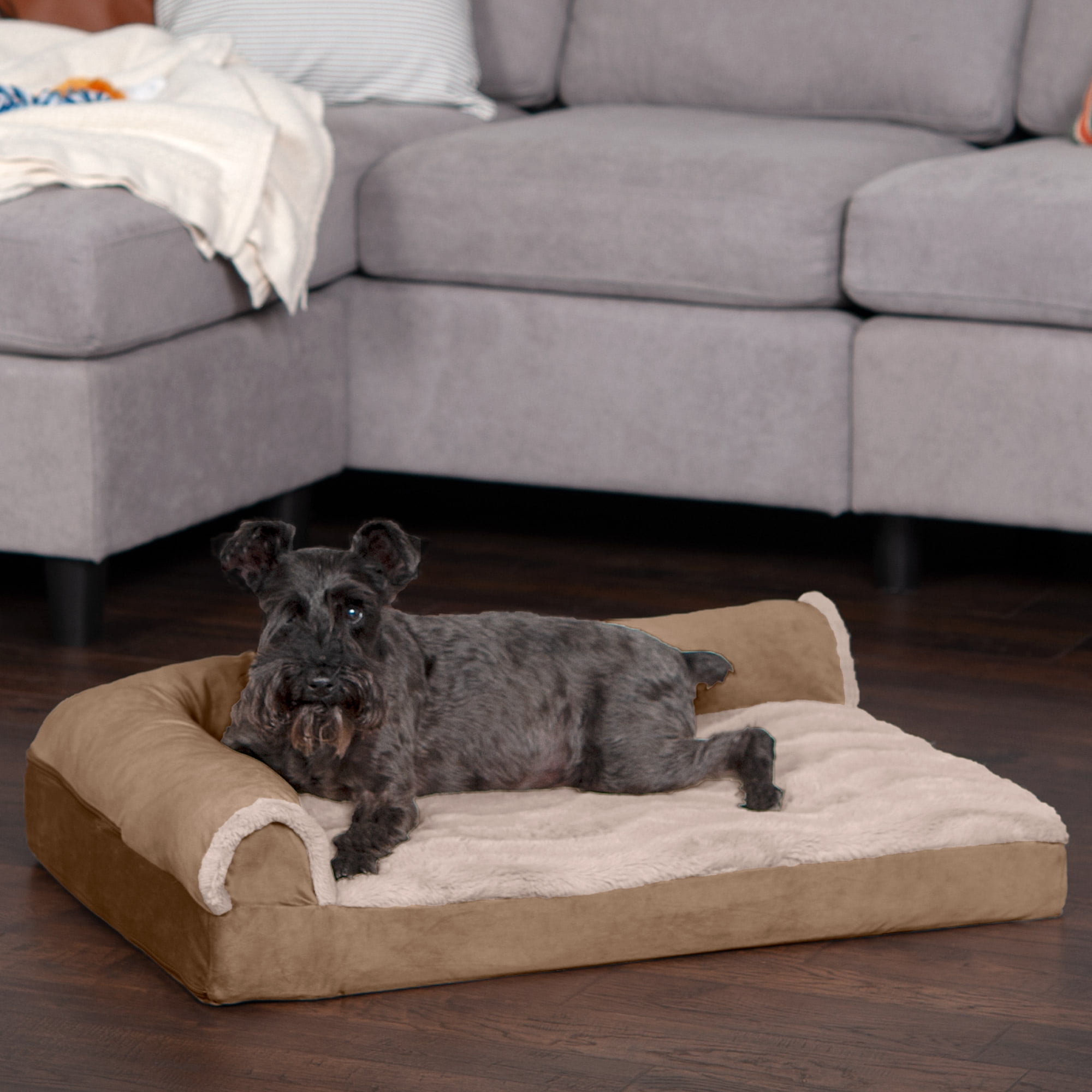 FurHaven Wave Fur & Velvet Deluxe Chaise Lounge Orthopedic Sofa-Style Pet Bed for Dogs & Cats - Brownstone, Medium