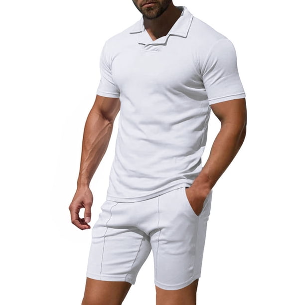Mangas de Mano para Hombres Casual Sólido de Manga Corta Cuello Redondo Blusa Y Pantalones Cortos Conjunto, Traje de Dos Piezas de Poliéster de Moda para el Uso Diario de Primavera Verano