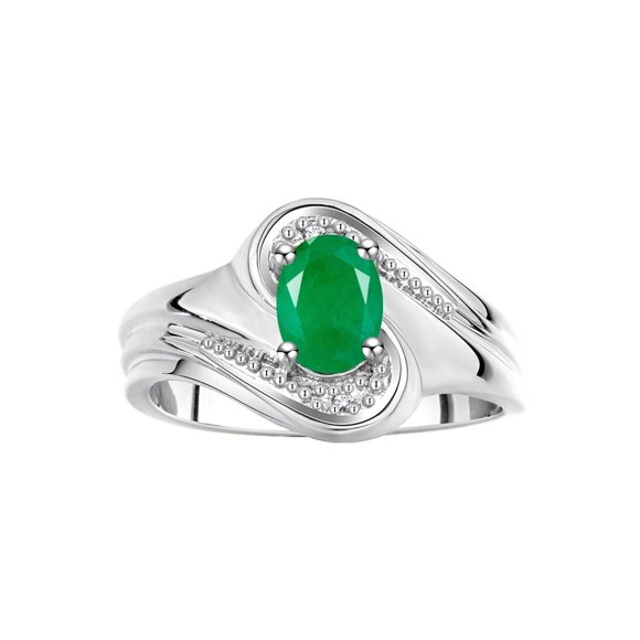 RYLOS Rings for Women 14K White Gold Swirl Ring with 7X5MM Oval Gemstone & Diamond Ring May Emerald Jewelry Size 9
