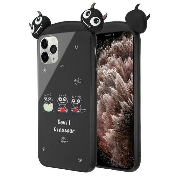 Apple iPhone 11 PRO MAX Phone Case Slim Thin Hybrid 3D Design Toy Cartoon Tempered Glass Back & Soft TPU Rubber Anti-Scratch Cover [Devil Dinosaur Black] Cases for Apple iPhone 11 Pro Max