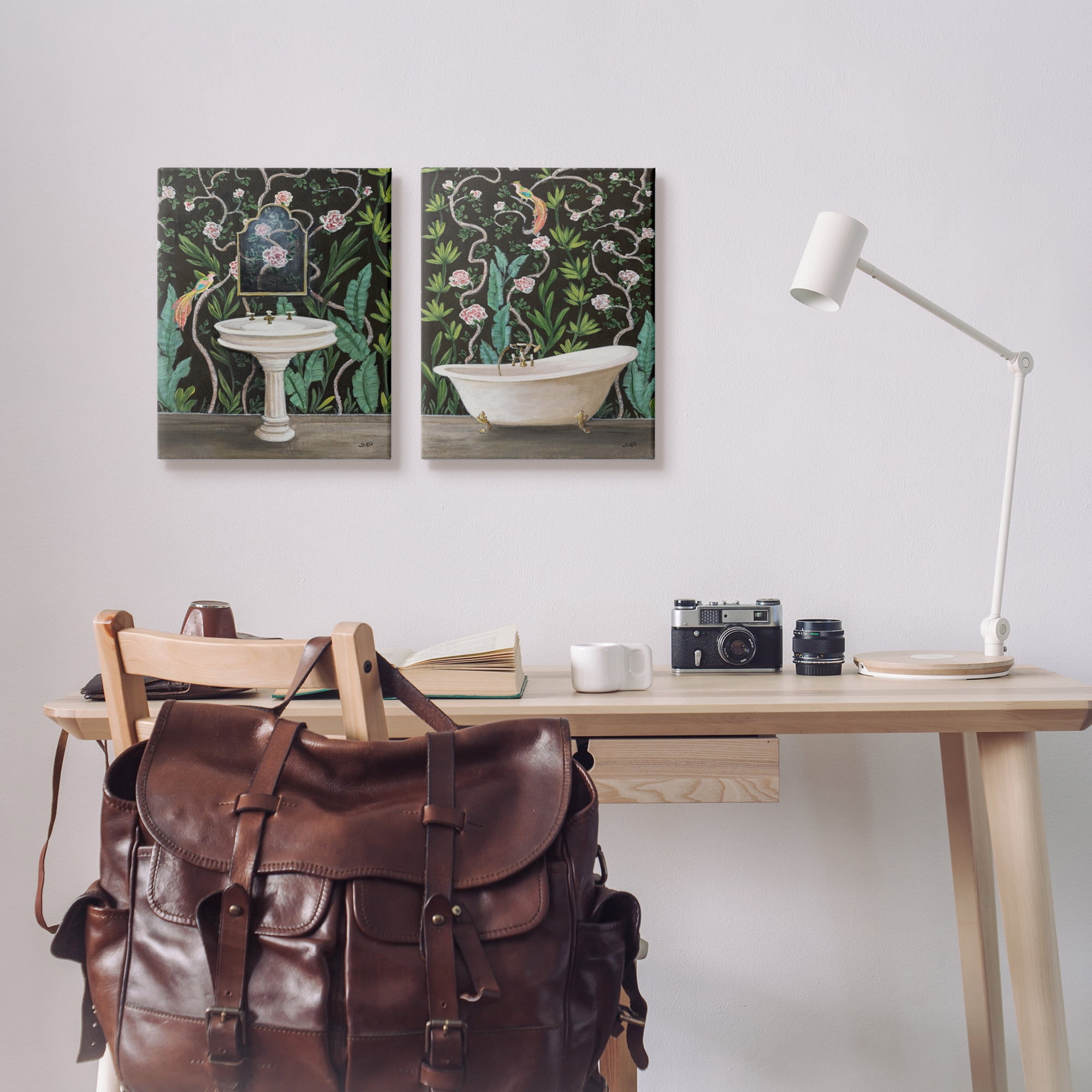 Stupell Industries Tropical Patterned Bathroom Botanical & Floral Painting Gallery Wrapped Canvas Print Wall Art, 16 x 20, Set of 2